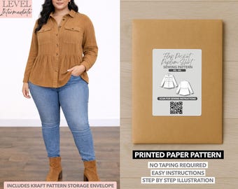 Plus Size Tasche abgesetzte Schulter Schößchen Shirt Gedruckt Schnittmuster - Papiermuster (0XL-4XL)