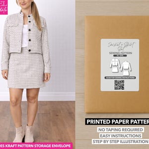 May include: A woman models a matching jacket and skirt set with a grid pattern. The image also shows a brown paper pattern envelope with a label that reads "Jacket + Skirt Set Sewing Pattern." The text "Printed Paper Pattern" is also visible.