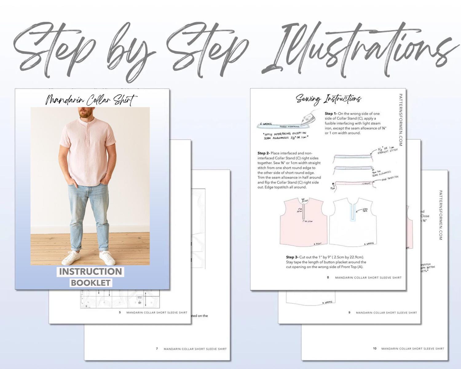 Mens Mandarin Collar Short Sleeve Shirt Printed Sewing Pattern – Paper ...