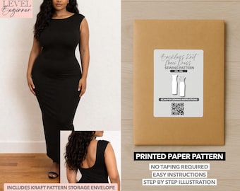 May include: A woman wearing a black maxi dress. The image also shows a brown paper package with a white label that reads "Backless Knit Maxi Dress Sewing Pattern." The package includes the text "Printed Paper Pattern" and "No Taping Required, Easy Instructions, Step by Step Illustration."