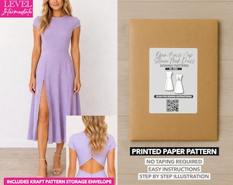 May include: A lilac-colored midi dress with a high slit and cap sleeves is shown. The image also features a sewing pattern in a kraft paper envelope. The pattern is for an Open Back Cap Sleeve Midi Dress and includes easy instructions.