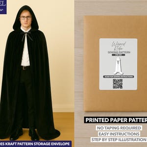 May include: A black hooded cloak with a bow tie, paired with black pants and shoes. The image also shows a brown paper package with a white label that reads "Wizard Robe Sewing Pattern". The package includes a QR code and the text "Printed Paper Pattern".