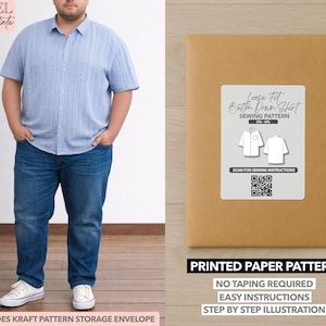 May include: A man wearing a light blue button-down shirt and blue jeans. A brown paper package with a white label that reads "Loose Fit Button Down Shirt Sewing Pattern" is on the right. The package also says "Printed Paper Pattern".