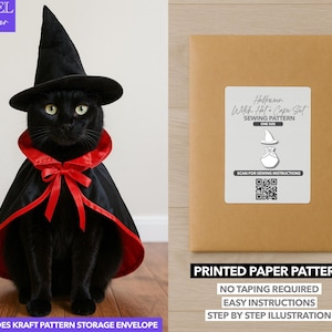 May include: A black cat wearing a black witch hat and cape with red trim and bow. The image also shows a brown paper pattern envelope with a label that reads "Halloween Witch Hat & Cape Set Sewing Pattern". The pattern is for beginners.
