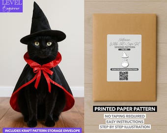 May include: A black cat wearing a black witch hat and cape with red trim and bow. The image also shows a brown paper pattern envelope with a label that reads "Halloween Witch Hat & Cape Set Sewing Pattern". The pattern is for beginners.