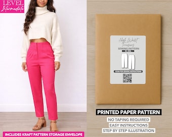 Cartamodello per pantaloni a vita alta e gamba dritta, con stampa (taglie dalla XS alla XXXL)