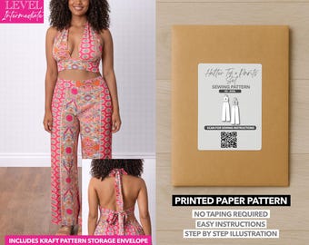 Patrón de costura estampado para top corto tipo halter y pantalones de pierna ancha – Patrón de papel (XS–XXXL)