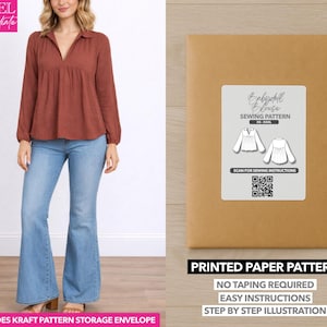 May include: A woman wearing a rust-colored blouse and light blue flared jeans. Next to her is a brown paper pattern envelope with a white label that reads "Epbybll Blouse Sewing Pattern." The envelope also states "Printed Paper Pattern" and "Includes Kraft Pattern Storage Envelope."