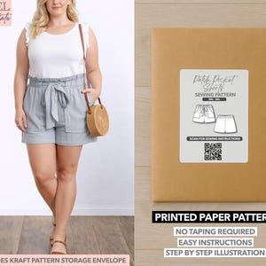 Plus Size Women Belted Patch Pocket Shorts Printed Sewing Pattern – Paper Pattern (0XL–4XL)