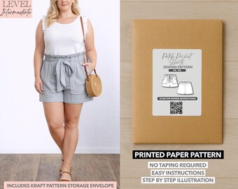 Molde de costura em papel para shorts femininos plus size com cinto e bolsos aplicados – Modelo em papel (0XL–4XL)