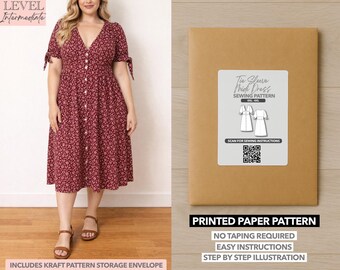 Plus Size Tie Sleeve Button Front Midi Dress Sewing Pattern – Paper Pattern (0XL–4XL)