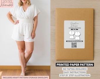May include: A white romper with a V-neck and short sleeves. The image also shows a brown paper pattern envelope with a label that reads "Surplice Romper Sewing Pattern." The pattern includes a kraft pattern storage envelope and is a printed paper pattern.