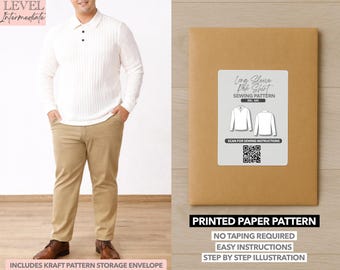 Plus Size Men Long Sleeve Polo Shirt Printed Sewing Pattern – Paper Pattern (2XL–6XL)