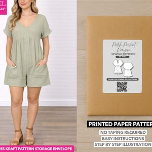 May include: A woman wearing a sage green romper with a V-neck and pockets. The image also shows a brown paper pattern envelope labeled "Patch Pocket Romper Sewing Pattern" with a QR code and the text "Printed Paper Pattern".