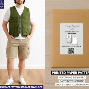 May include: An olive green cargo vest with multiple pockets and a zipper closure is worn over a white t-shirt and khaki shorts. A brown paper pattern envelope with a label that reads "Cargo Pocket Vest Sewing Pattern" is also shown.