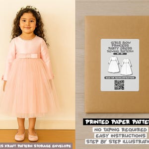 May include: A young girl wearing a pink princess dress with a tulle skirt and a bow at the waist. The dress has long sleeves and a floral crown. Next to her is a brown envelope with a sewing pattern label that reads "Girls Bow Princess Party Dress Sewing Pattern".