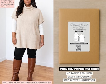 May include: A woman wearing a beige turtleneck tunic with pockets, black leggings, and brown boots. A kraft paper envelope with a sewing pattern label that reads "Turtleneck Pocket Tunic Dress" is also shown. The text "Printed Paper Pattern" is visible.