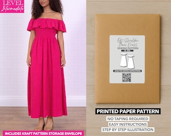 Peut inclure: Une robe longue fuchsia à épaules dénudées avec un décolleté à volants. À côté, une enveloppe de patron en papier brun avec une étiquette indiquant "Off Shoulder Maxi Dress Sewing Pattern". L'enveloppe indique également "Printed Paper Pattern".