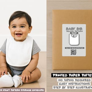 May include: A smiling baby wearing a white bib and white shoes sits on a wooden floor. Next to the baby is a brown paper pattern envelope with a label that reads "Baby Bib Sewing Pattern". The pattern includes easy instructions.
