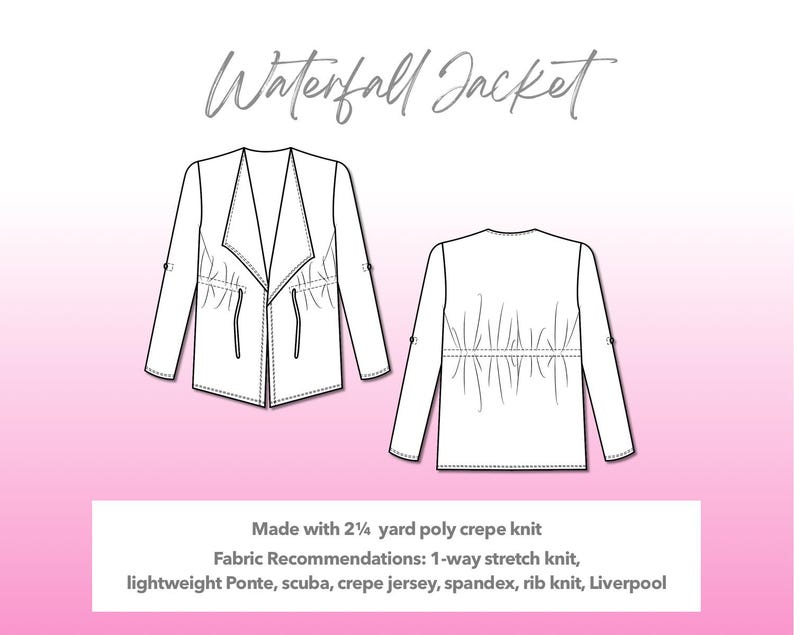 Illustration and detailed description for Waterfall Jacket sewing pattern. Made with 2¼  yard poly crepe knit. Other Fabric Recommendations: 1-way stretch knit, lightweight Ponte, scuba, crepe jersey, spandex, rib knit, Liverpool.