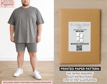 Patrón de costura impreso para conjunto de camiseta y pantalones cortos de ciclista para hombre de tallas grandes (2XL–6XL)