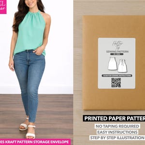 May include: A woman wearing a mint green halter top and blue jeans. A brown paper pattern envelope with a white label that says "Halter Top Sewing Pattern" and includes a QR code and the text "Printed Paper Pattern".