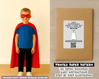 Naaipatroon met superheldenmasker en cape voor kinderen gedrukt – papieren patroon (1–8 jaar)