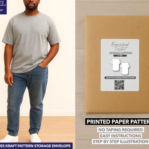 May include: A man wearing a gray t-shirt and blue jeans stands next to a brown paper pattern envelope. The envelope has a white label with the text "Oversized T-shirt Sewing Pattern". The pattern includes a kraft pattern storage envelope.