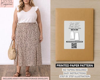 Patrón de costura estampado para falda midi con abertura para mujer de tallas grandes (0XL–4XL)