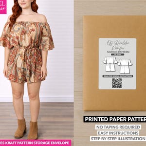 May include: An off-the-shoulder romper with a paisley pattern in beige, red, and brown tones. The romper has short sleeves and a drawstring waist. A kraft paper pattern envelope is on the right, labeled "Off Shoulder Romper Sewing Pattern".