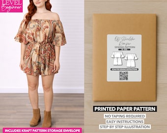 Può includere: Un romper con spalle scoperte con un motivo paisley nei toni del beige, rosso e marrone. Il romper ha maniche corte e vita con coulisse. A destra, una busta di carta kraft con il cartello "Off Shoulder Romper Sewing Pattern".