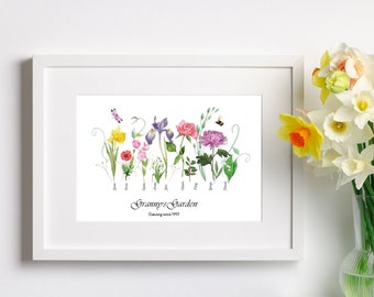 Grandmas Garden Birth Flower Bouquet Birth Flower Print Gift for Gardener Mother's Day Keepsake 60th Birthday Gift for Mom Forever Flowers