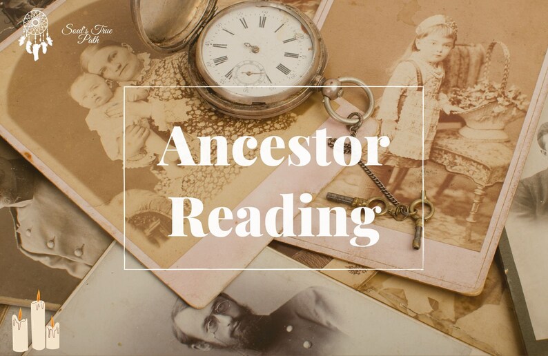 May include: Antique photographs and a pocket watch with a key chain on top of a stack of old photos. The text "Ancestor Reading" is superimposed on the image.