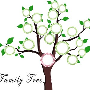 May include: A green family tree with 14 circular spaces for photos. The tree has a brown trunk and branches. The bottom space is pink.