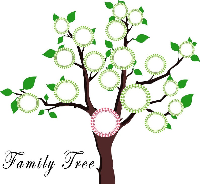 May include: A green family tree with 14 circular spaces for photos. The tree has a brown trunk and branches. The bottom space is pink.