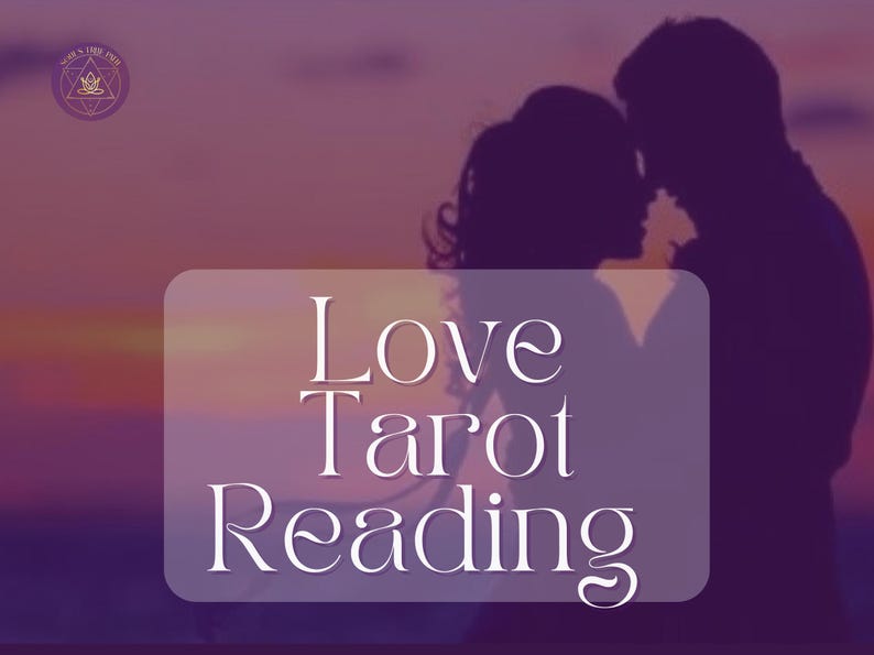 May include: A silhouette of a couple embracing against a purple and orange sunset with the text "Love Tarot Reading" in a white rectangle.