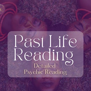 May include: A purple background with the text "Past Life Reading" in white, with the words "Detailed Psychic Reading" below it. Two people are lying on the ground with their eyes closed, wearing headbands with red and orange beads.