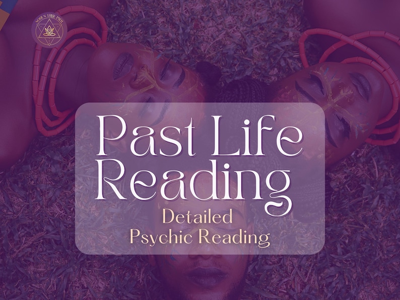 May include: A purple background with the text "Past Life Reading" in white, with the words "Detailed Psychic Reading" below it. Two people are lying on the ground with their eyes closed, wearing headbands with red and orange beads.