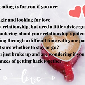 May include: A red heart-shaped mug with steam rising from the top, sitting on a white snowy surface. The text "This reading is for you if you are:" is above the mug, followed by a list of bullet points describing different relationship scenarios. The text "love" is written below the mug with an arrow pointing to the right.