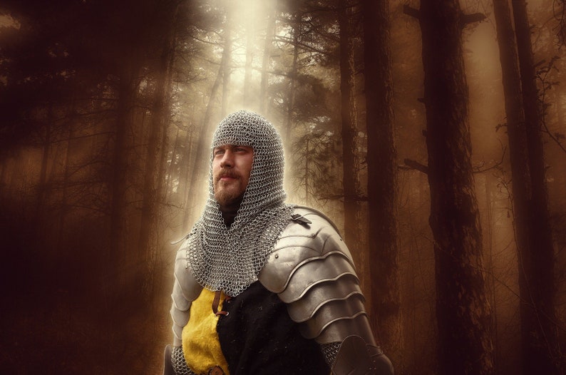May include: A knight in chainmail armor stands in a forest. He is wearing a helmet and has a beard. The forest is dark and mysterious, with tall trees and a light shining through the branches.