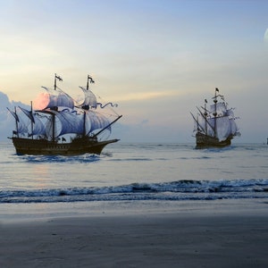 May include: Two large, wooden sailing ships with white sails are on the ocean at sunset. A full moon is in the sky.
