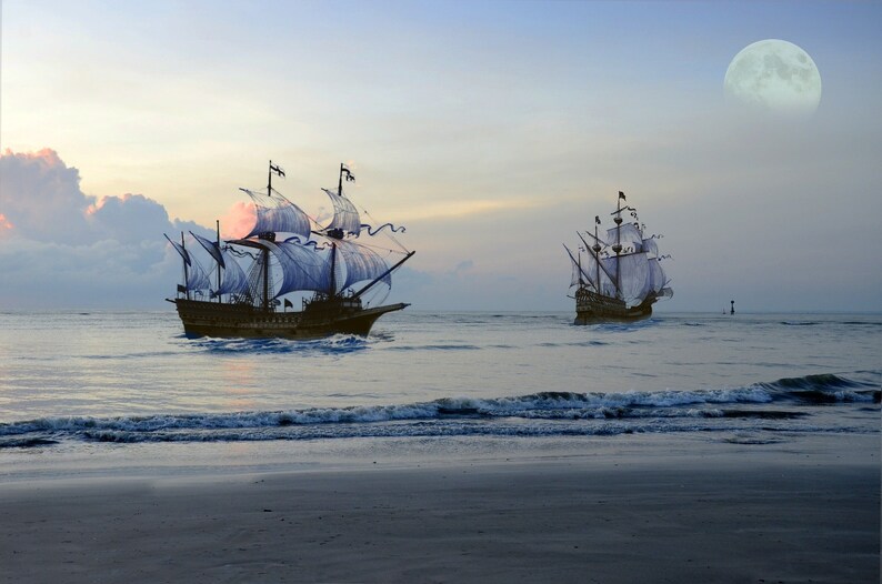 May include: Two large, wooden sailing ships with white sails are on the ocean at sunset. A full moon is in the sky.