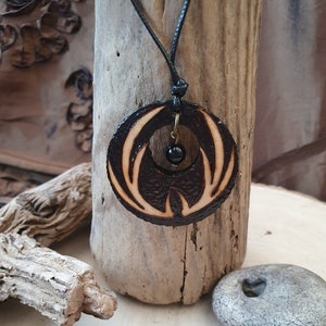 Elen of the Ways/Antlered God/Goddess and Black Agate Pendant/Cernunnos Symbol, Pyrography Adjustable Amulet/