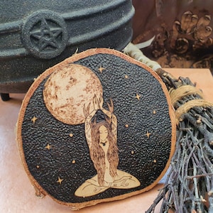Moonlight Meditation/Horned Goddess of the Beasts/Green Lady Altar Piece/ Pyrograpy Wood Art