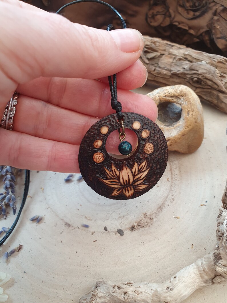 Pyrography Lotus Pyrography Wood, Lotus Flower, Moon Stages and Chrysocolla Adjustable ...