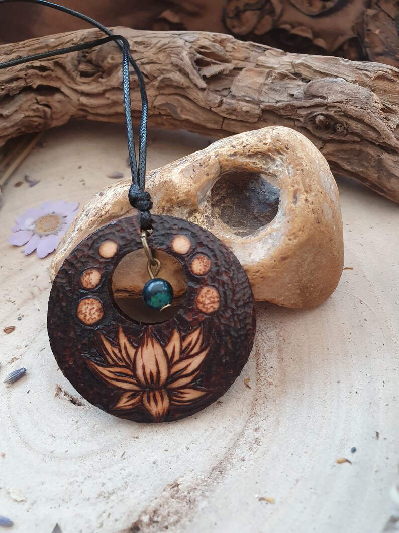 Pyrography Lotus Pyrography Wood, Lotus Flower, Moon Stages and Chrysocolla Adjustable ...