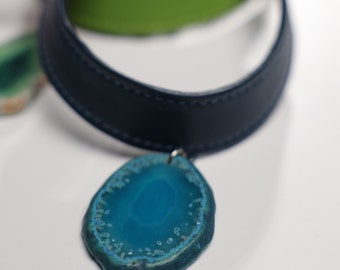 Natural Agate Stone Necklace, Leather Choker,Day Collar, Pendant,Boho Style Accessories,Bohemian Jewelry,Blue,Green,Pink Stone