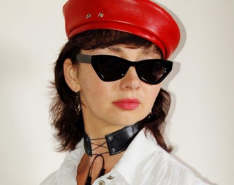 Scarlet Red Faux Patent Leather French Beret With Flexi Band 