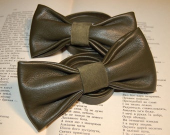 Leather Bow Tie, Green Bow Ties Set,Father and Son Gift,Gromsmen,Wedding Outfit,Daddy Son Set