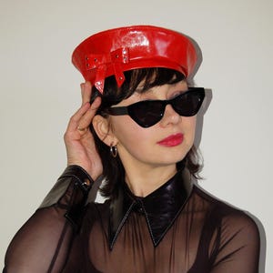 Leather Beret,with Bow,Red,Chic Handmade Accessories